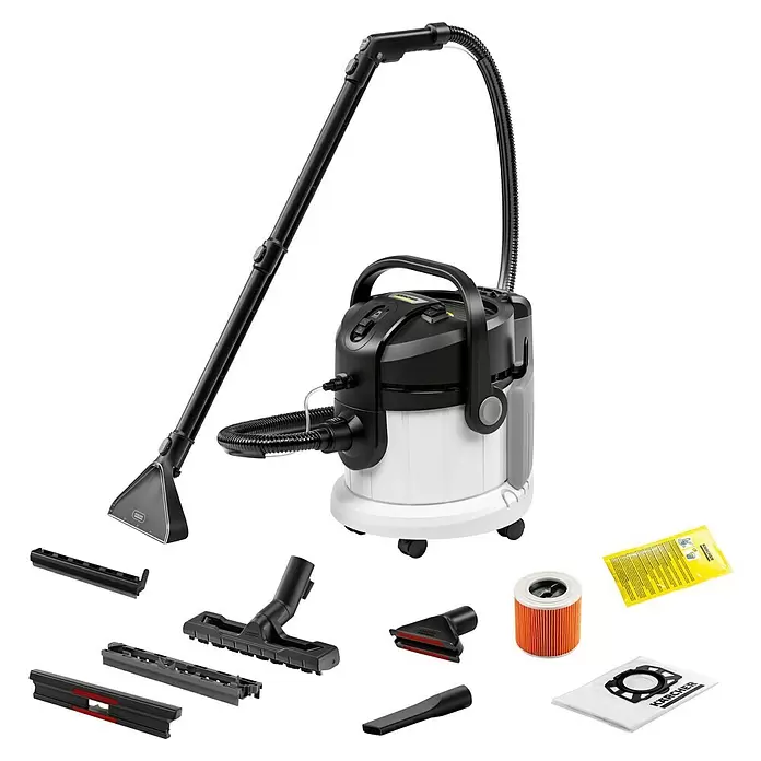 Kärcher Waschsauger SE 4 - 1.000 W, Behältervolumen: 4 l - Kärcher Nass- und Trockensauger in Schwarz-Weiß mit Schlauch, Rohr, Haupteinheit, verschiedenen Düsen, Filter und Staubsack.