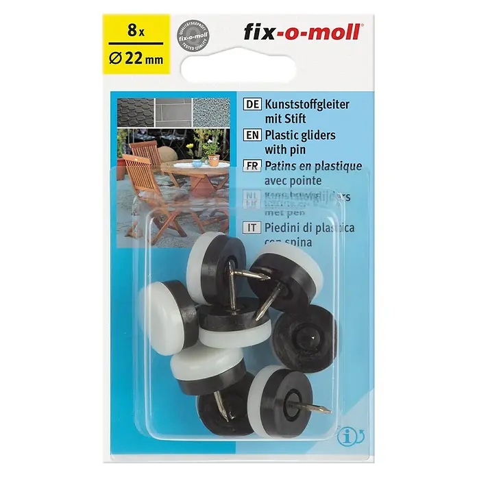 Fix-o-moll Plastik-Gleiter - Durchmesser: 22 mm - Kunststoffgleiter mit Stift von Fix-o-moll, 8 Stück, Ø 22 mm. Ideal zum Schutz von Böden vor Kratzern und Beschädigungen durch Möbel.
