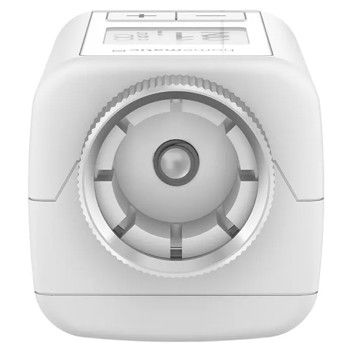 Homematic IP Heizkörper-Thermostat Flex HmIP-eTRV-F - M30 x 1,5 mm - Nahaufnahme eines Homematic IP Heizkörperthermostats mit Display und Bedienelementen, das für eine präzise Temperaturregelung sorgt.