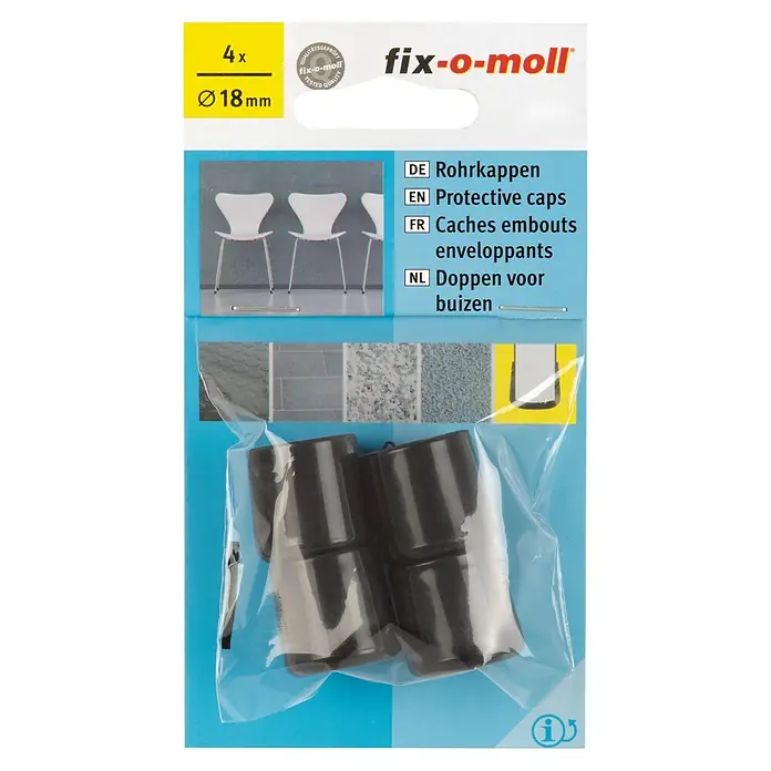 Fix-o-moll Rohrkappen - Durchmesser: 18 mm, 4 Stk. - Bild einer Packung Fix-o-moll Rohrkappen, 4 Stück, Durchmesser 18mm, zum Schutz von Rohren.