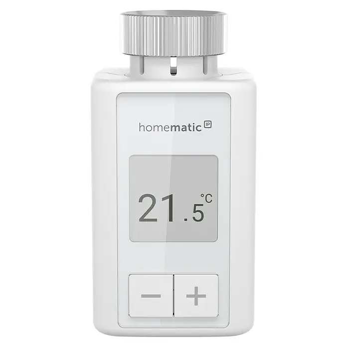 Homematic IP Heizkörper-Thermostat Flex HmIP-eTRV-F - M30 x 1,5 mm - Abbildung eines Homematic IP Heizkörperthermostats mit Temperaturanzeige und Plus-Minus-Tasten zur Steuerung der Heizung.