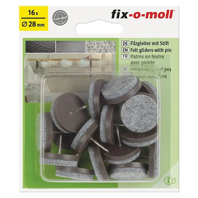 Fix-o-moll Plastik-Gleiter - Durchmesser: 28 mm, Braun - Packung Fix-o-moll Filzgleiter mit Stift, 16 Stück, Durchmesser 28 mm, für Möbel zum Schutz empfindlicher Böden vor Kratzern.