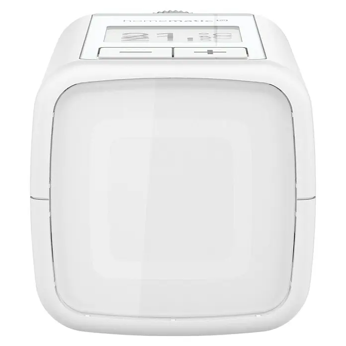 Homematic IP Heizkörper-Thermostat Flex HmIP-eTRV-F - M30 x 1,5 mm - Nahaufnahme eines weißen Homematic IP Wandthermostats mit Display und Bedienknöpfen, ideal für Smart Home Heizungssteuerung.