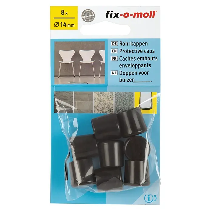 Fix-o-moll Rohrkappen - Durchmesser: 14 mm, 4 Stk. - Produktbild einer Packung mit 8 Stück fix-o-moll Rohrkappen mit einem Durchmesser von 14 mm für den Schutz von Möbelbeinen und Böden.