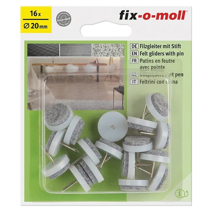 Fix-o-moll Plastik-Gleiter - Durchmesser: 20 mm, Weiß - Bild einer 16er-Packung Fix-o-Moll Filzgleiter mit Stift, ideal zum Schutz von Böden vor Kratzern und Beschädigungen.