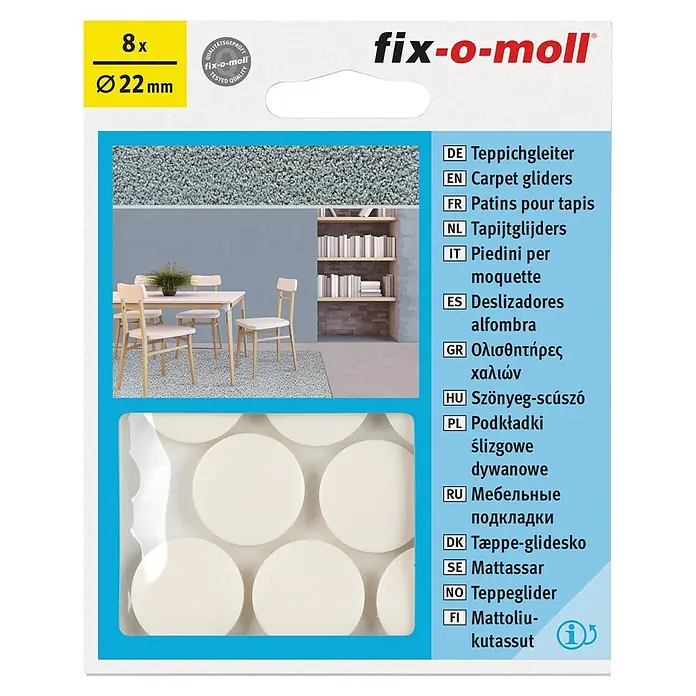 Fix-o-moll Teppichgleiter - Durchmesser: 22 mm - Bild der "fix-o-moll" Teppichgleiter (8 Stück, Ø22 mm), die Möbel vor Kratzern schützen und das Bewegen auf Teppichen erleichtern.