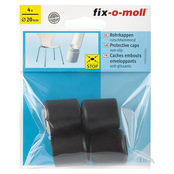 Fix-o-moll Rohrkappen - Durchmesser: 20 mm, 4 Stk., Rutschhemmend - Bild einer Packung fix-o-moll Rohrkappen mit rutschhemmenden Eigenschaften, 4 Stück, Durchmesser 20 mm.