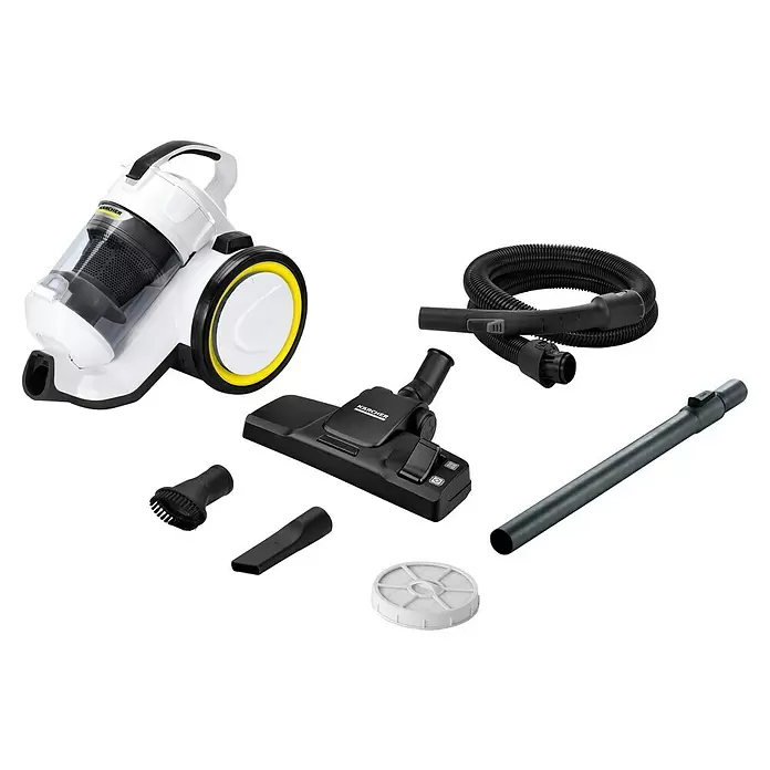 Kärcher Elektro-Staubsauger VC 3 - 700 W - Weiß-schwarzer Kärcher Staubsauger mit gelben Akzenten, Schlauch, Bodendüse, Verlängerungsrohr, Bürste, Fugendüse und Filter.