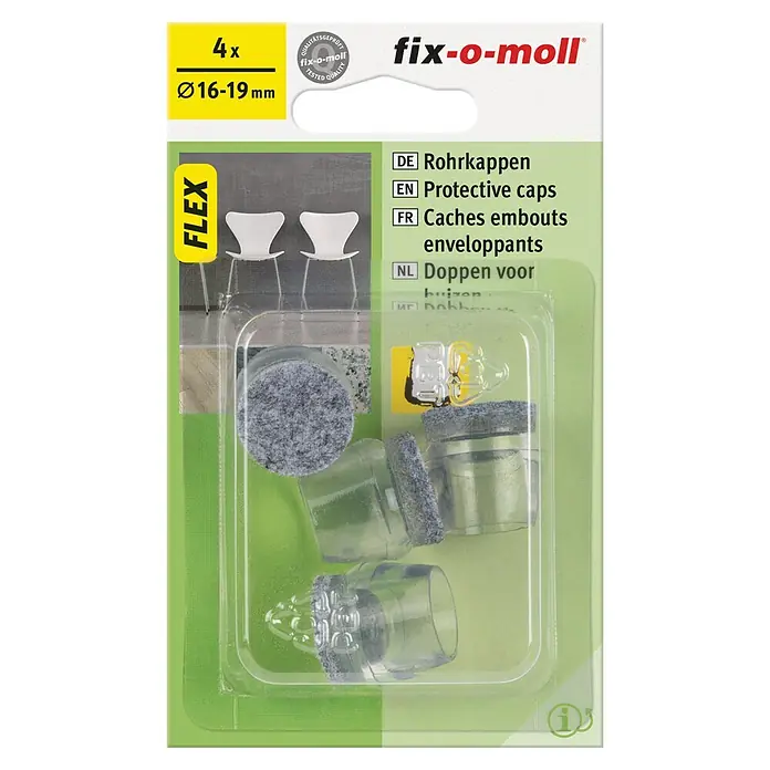 Fix-o-moll Rohrkappen - Durchmesser: 16 mm, Kunststoff - Bild zeigt eine Packung fix-o-moll Rohrkappen, die als Schutzkappen für Stuhlbeine dienen, um Böden vor Kratzern zu schützen.