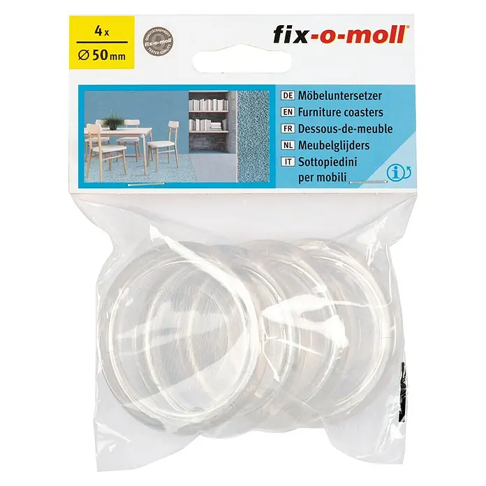 Fix-o-moll Möbeluntersetzer - Durchmesser: 50 mm - Die Fix-o-moll Möbeluntersetzer (4 Stück, Ø 50 mm) schützen Ihre Böden vor Kratzern und Beschädigungen durch Möbel. Ideal für Stühle und Tische.