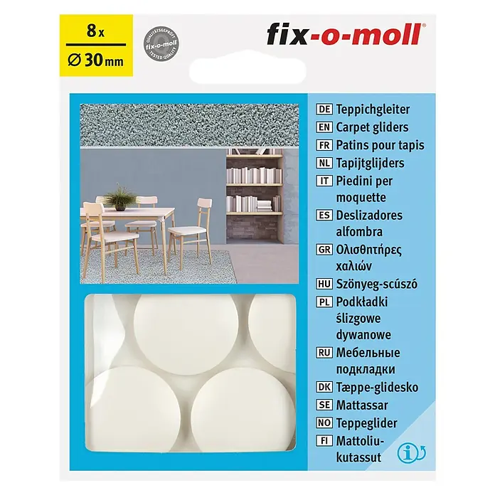 Fix-o-moll Teppichgleiter - Durchmesser: 30 mm - Bild von Fix-o-moll Teppichgleitern, 8 Stück, Durchmesser 30 mm. Für leichtes Verschieben von Möbeln auf Teppichböden.