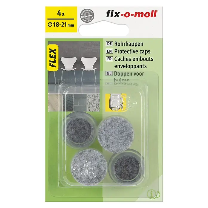 Fix-o-moll Rohrkappen - Durchmesser: 18 mm, Kunststoff - Bild einer Packung fix-o-moll Rohrkappen, 4 Stück, Durchmesser 18-21 mm, zum Schutz von Rohren und Möbeln.