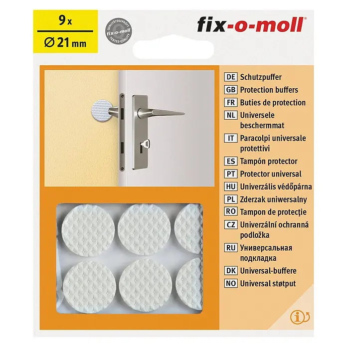 Fix-o-moll Gummiauflage - Durchmesser: 21 mm, 9 Stk. - Bild der Verpackung mit 9 Stück Fix-o-moll Schutzpuffern mit Ø 21 mm Durchmesser.