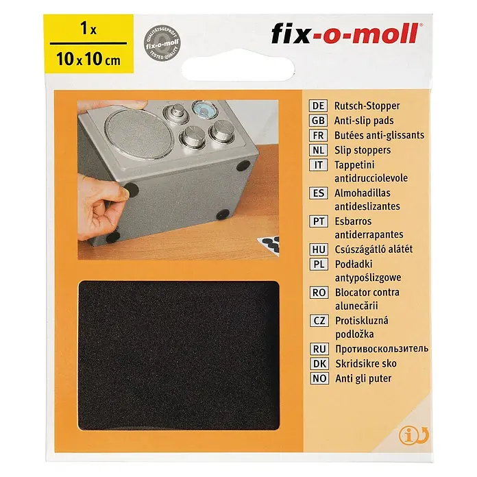 Fix-o-moll Teppichgleiter - B x H: 100 x 100 mm, Kleben, 1 -tlg. - Bild einer Packung Fix-o-Moll Anti-Rutsch-Pads, 10x10 cm, für sicheren Halt von Gegenständen auf Oberflächen.