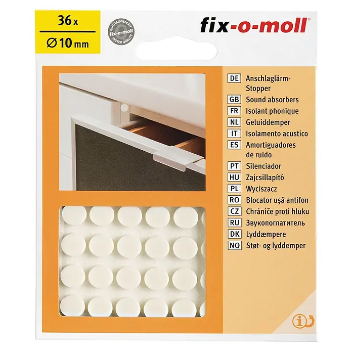 Fix-o-moll Kantenstoßschutz - 36 Stk. - Das Bild zeigt eine Packung Fix-o-moll Anschlagdämpfer, 36 Stück mit einem Durchmesser von 10 mm, zur Geräuschreduzierung an Möbeln.