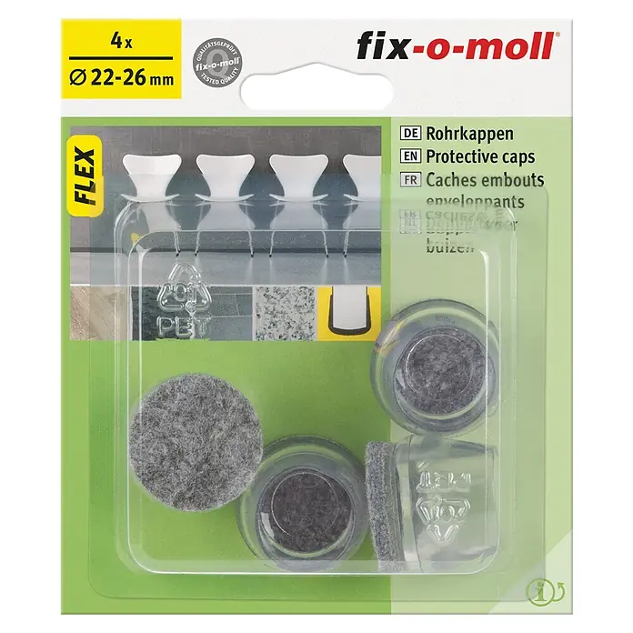 Fix-o-moll Rohrkappen - Durchmesser: 22 mm, Kunststoff - Bild einer Packung Fix-o-moll Rohrkappen, die Schutz für Möbel und Böden bieten.