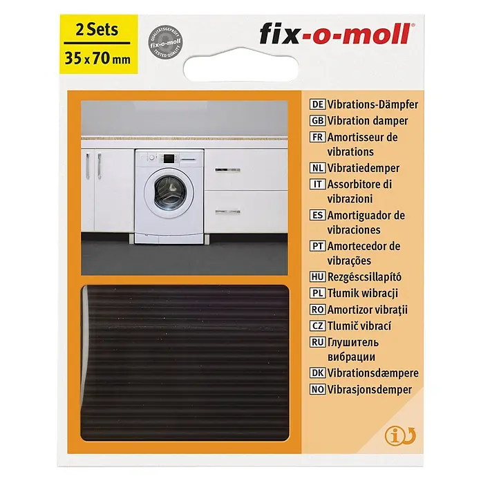 Fix-o-moll Teppichgleiter - B x L: 35 x 70 mm, Kleben, 2 -tlg. - Bild von "fix-o-moll" Vibrationsdämpfer-Set (2 Stück, 35x70mm) für Waschmaschinen, mit mehrsprachigen Beschreibungen.