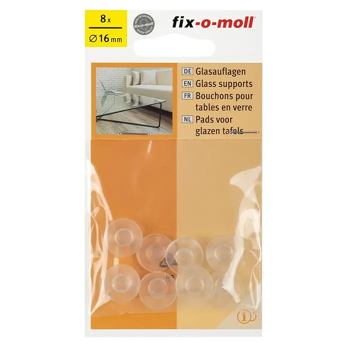 Fix-o-moll Gummiauflage - Durchmesser: 16 mm, 8 Stk. - Abbildung von Fix-o-moll Glasauflagen, 8 Stück, Ø 16 mm, für sicheren Halt von Glasplatten auf Tischen, inklusive mehrsprachiger Produktinformationen.