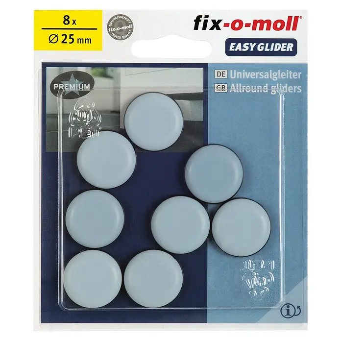 Fix-o-moll Möbelgleiter - Durchmesser: 25 mm, 8 Stk. - Bild einer Packung Fix-o-moll Universalgleiter, die 8 Stück mit einem Durchmesser von 25 mm enthält, ideal zum Schutz von Möbeln und Böden.