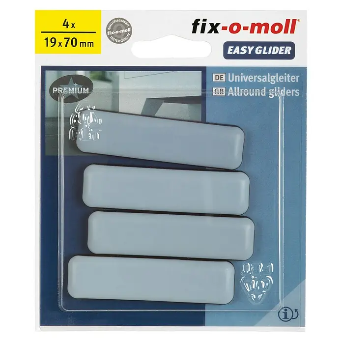 Fix-o-moll Möbelgleiter - B x L: 70 x 19 mm, 4 Stk. - Packung mit 4 Fix-o-moll Universalgleitern, 19x70 mm, für Möbel und andere Gegenstände, die leicht bewegt werden sollen.