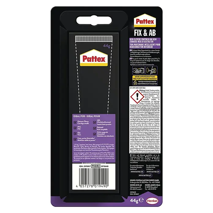 Pattex Montagekleber Kleben statt Bohren Fix & Ab - Transparent, 44 g, Tube - Pattex Fix & AB: Ein starker Klebstoff für verschiedene Materialien, ideal für Heimwerkerprojekte und Reparaturen im Innenbereich. Hält bis zu 6kg.