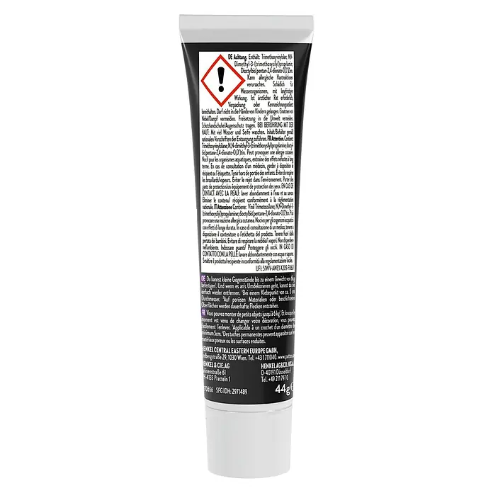 Pattex Montagekleber Kleben statt Bohren Fix & Ab - Transparent, 44 g, Tube - Pattex Kleben statt Bohren Montagekleber Tube Rückseite mit Warnhinweisen und Inhaltsstoffen.