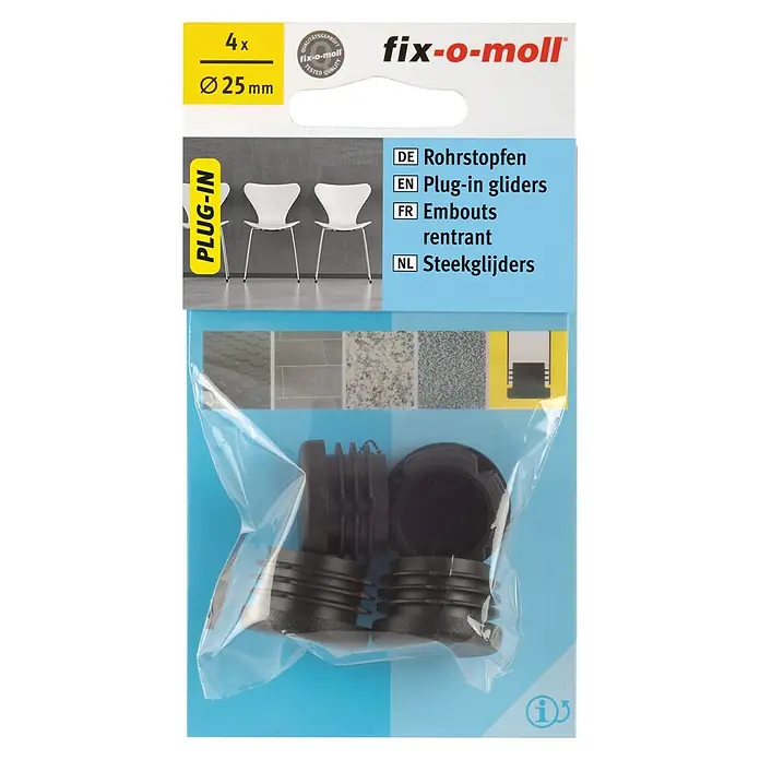 Fix-o-moll Rohrstopfen - Durchmesser: 25 mm - Bild von einer Packung Fix-o-moll Rohrstopfen mit vier schwarzen Stopfen mit einem Durchmesser von 25 mm.