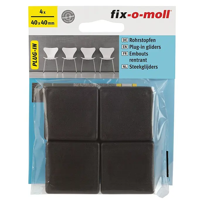 Fix-o-moll Rohrkappen - L x B: 40 x 40 mm - Packung mit vier schwarzen fix-o-moll Rohrstopfen/Stopfen für Möbelbeine, 40x40 mm, für einen stabilen Stand und Schutz des Bodens.