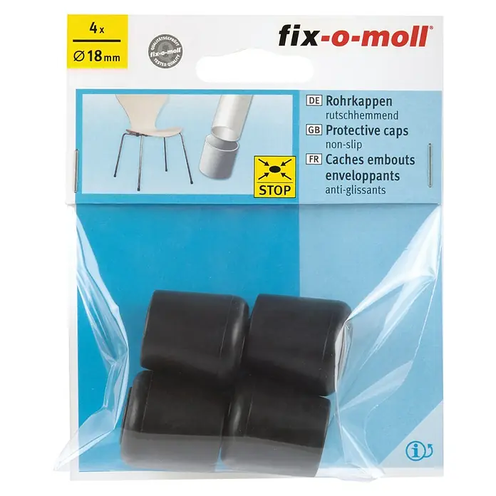 Fix-o-moll Rohrkappen - Durchmesser: 18 mm, 4 Stk., Rutschhemmend - Eine Packung Fix-o-moll Rohrkappen, 4 Stück, Durchmesser 18mm, rutschhemmend, zum Schutz von Möbelbeinen und Böden vor Kratzern und Beschädigungen.