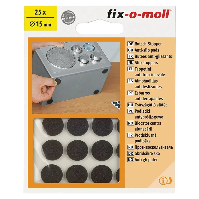 Fix-o-moll Teppichgleiter - Durchmesser: 15 mm, 25 Stk. - Bild einer Packung mit 25 schwarzen, runden Fix-o-moll Anti-Rutsch-Pads mit einem Durchmesser von 15 mm.