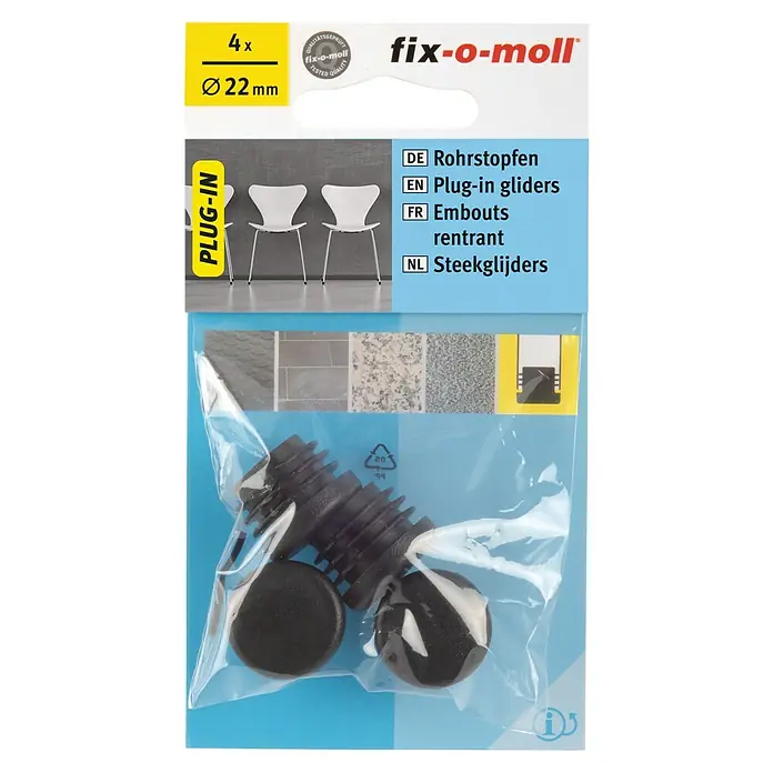 Fix-o-moll Rohrstopfen - Durchmesser: 22 mm - Bild von Fix-o-moll Rohrstopfen, 4 Stück, Durchmesser 22mm, Plug-in Gleiter, ideal zum Schutz von Rohren und Böden vor Beschädigungen.