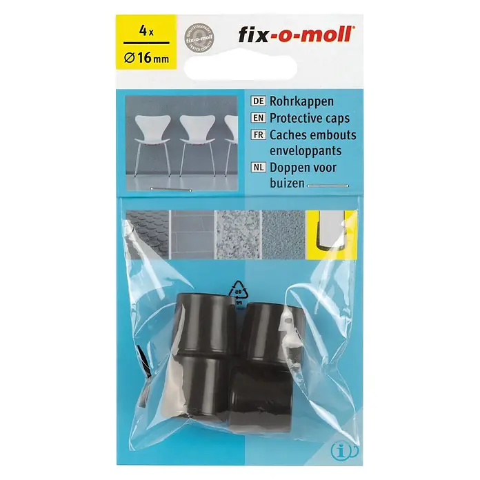 Fix-o-moll Rohrkappen - Durchmesser: 16 mm, 4 Stk. - Bild der fix-o-moll Schutzkappen für Rohre, 4 Stück, Durchmesser 16mm, verpackt in einer durchsichtigen Plastikverpackung mit blauem Hintergrund.