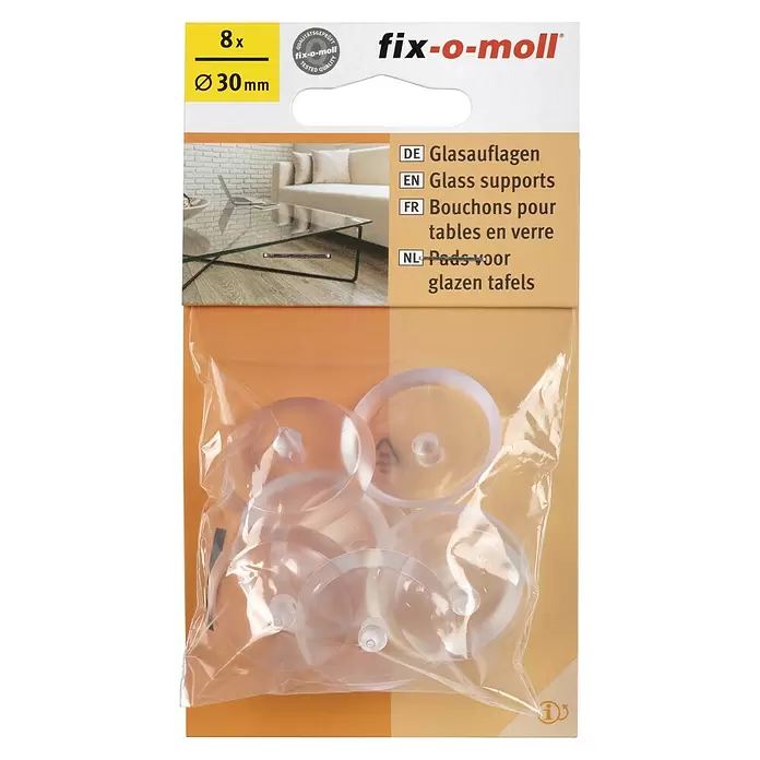 Fix-o-moll Gummiauflage - Durchmesser: 30 mm, 8 Stk. - Transparente fix-o-moll Glasauflagen (8 St., Ø30 mm) für Glastische.
