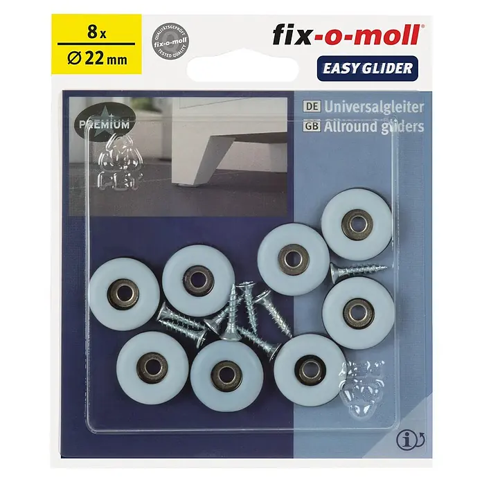 Fix-o-moll Möbelgleiter - Durchmesser: 22 mm, Schrauben - Packung Fix-o-moll Universalgleiter mit 8 Stück und Schrauben zur einfachen Montage unter Möbeln. Durchmesser: 22 mm.