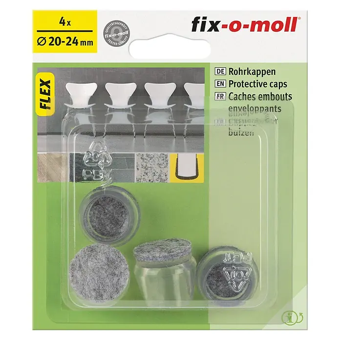 Fix-o-moll Rohrkappen - Durchmesser: 20 mm, Kunststoff - Bild von Fix-o-Moll Rohrkappen, 4 Stück, Durchmesser 20-24 mm, zum Schutz von Möbeln und Böden vor Kratzern und Beschädigungen.