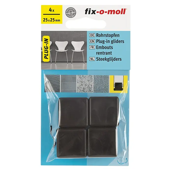 Fix-o-moll Rohrkappen - L x B: 25 x 25 mm - Das Bild zeigt eine Packung fix-o-moll Rohrstopfen, 25x25 mm, 4 Stück, ideal zum Schutz von Böden vor Kratzern und zur Reduzierung von Lärm.
