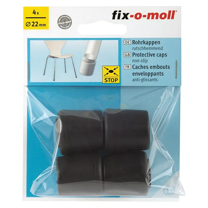 Fix-o-moll Rohrkappen - Durchmesser: 22 mm, 4 Stk., Rutschhemmend - Packung mit 4 schwarzen Fix-o-moll Schutzkappen, rutschhemmend, Durchmesser 22 mm, für Möbelbeine, um Kratzer und Rutschen zu verhindern.