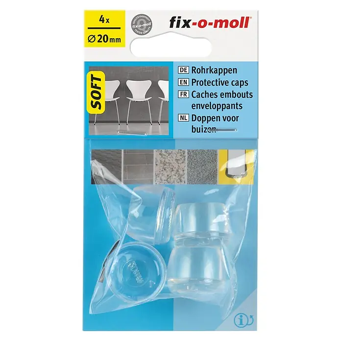 Fix-o-moll Rohrkappen - Durchmesser: 20 mm - Bild der Fix-o-moll Rohrkappen, 4 Stück, Durchmesser 20mm, für Stuhlbeine und andere Rohre, zum Schutz des Bodens und zur Geräuschreduzierung.