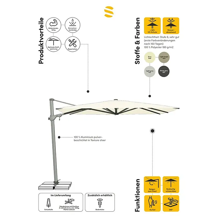 Suncomfort Ampelschirm Varioflex - Light Taupe, Bespannungsmaß (L x B): 300 x 300 cm - Bild einer Sonnenschirm-Grafik mit Details zu Produkteigenschaften, Stoffen, Farben und Funktionen.