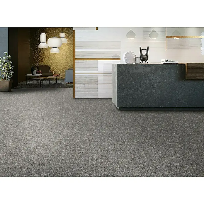 Teppichfliese Emotion - Schlinge, 100 % Polyamid SDN, Grau - Detailaufnahme des modernen Bodenbelags mit einer feinen Textur, der eine elegante und zeitgemäße Atmosphäre schafft. Ideal für stilvolle Innenräume.
