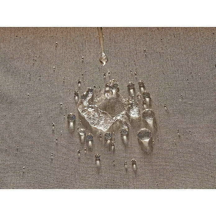Mydeco Duschvorhang Rain - B x H: 180 x 200 cm, Kunststoff, Beige - Wassertropfen spritzen und perlen auf einem hellbraunen Gewebe, was seine wasserabweisende Eigenschaft hervorhebt.