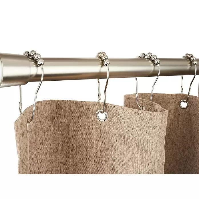 Mydeco Duschvorhangringe - 12 Stk., Edelstahl-Optik - Duschvorhangstange aus gebürstetem Nickel mit kugelgelagerten Haken und beigem Stoffduschvorhang.