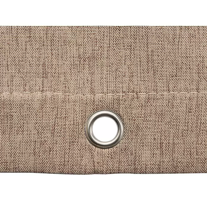 Mydeco Duschvorhang Rain - B x H: 180 x 200 cm, Kunststoff, Beige - Detail eines beigefarbenen, grob gewebten Stoffes mit sichtbarem Saum und einer silbernen Metallöse.