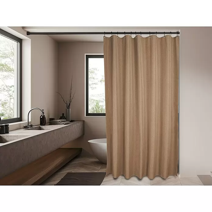 Mydeco Duschvorhang Rain - B x H: 180 x 200 cm, Kunststoff, Beige - Strukturierter beigefarbener Duschvorhang mit Haken an einer schwarzen Stange, der einen Duschbereich im Bad abtrennt.