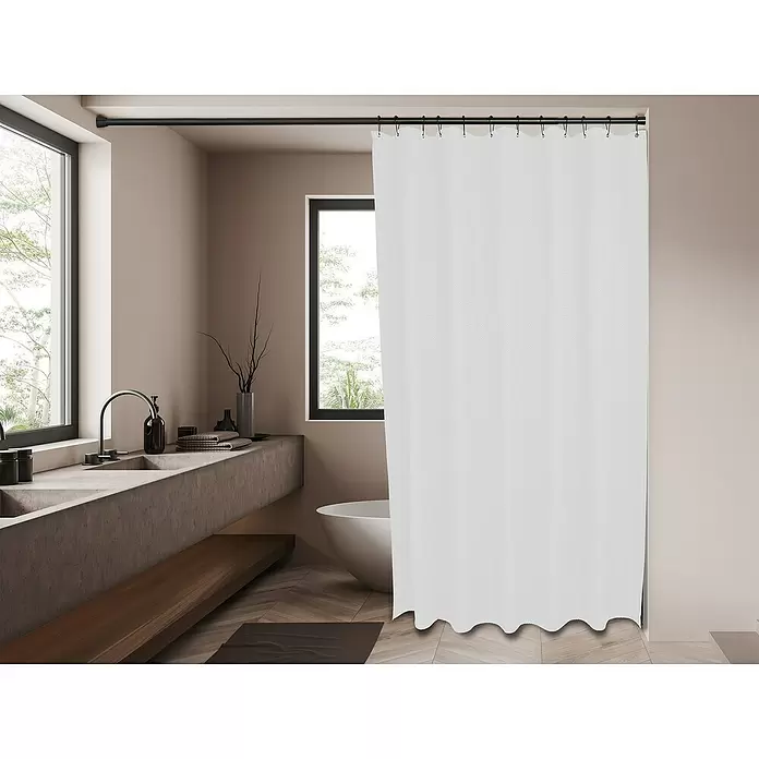 Mydeco Duschvorhang Drop - B x H: 180 x 240 cm, Kunststoff, Weiß - Weißer texturierter Duschvorhang mit schwarzen Haken an schwarzer Stange, Duschbereich in modernem Bad abtrennend.