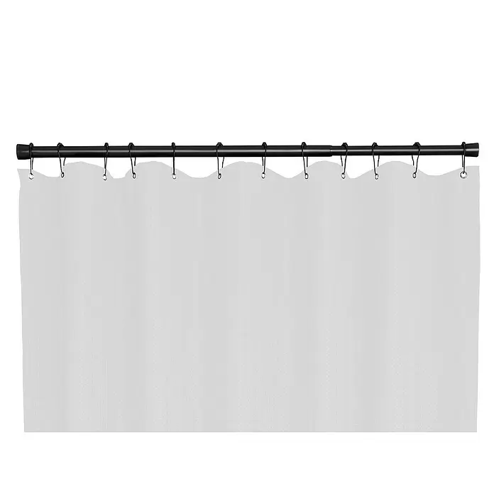 Mydeco Duschvorhangringe - 12 Stk., Schwarz - Schwarze Duschvorhangstange mit Haken und einem weißen strukturierten Duschvorhang.