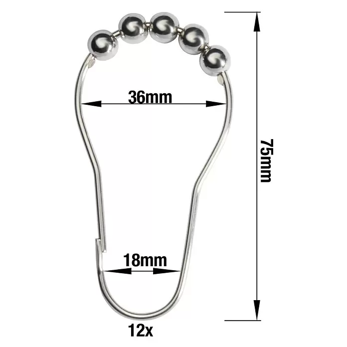 Mydeco Duschvorhangringe - 12 Stk., Edelstahl-Optik - Silberner Duschvorhanghaken aus Metall mit Rollenkugeln, Maße: 75mm Höhe, 36mm Breite oben, 18mm Öffnung unten.