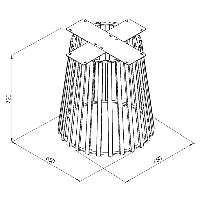 Tischbein CITYLINE Lissabon - Durchmesser: 65 cm, Höhe: 72 cm, Schwarz - Draufsicht auf eine stilvolle Stehleuchte mit schlankem, konischem Lampenschirm aus vertikalen Streben und einer dekorativen Kreuzbasis.