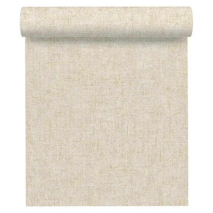 A.S. Création Greenery Vliestapete Borneo - Beige/Creme, Uni, 10,05 x 0,53 m - Nahaufnahme einer Rolle Leinwandtapete in neutralen Farbtönen, die eine subtile Textur und ein elegantes Design für die Wanddekoration bietet.