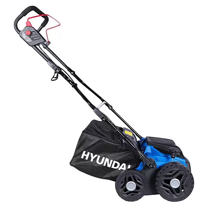 Hyundai Elektro-Vertikutierer-Lüfter SC3601E - 1.500 W, Arbeitsbreite: 36 cm - Blauer und schwarzer Elektromäher mit Griff und HYUNDAI Grasfangsack.